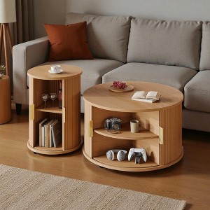 Mshliw Mid-Century 2-Piece Coffee Table Set with Fluted Tambour Doors & Gold Handles, Round Wood Veneer Side Tables for Living Room - 1 of 4