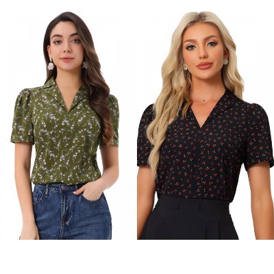INSPIRE CHIC Women's Short Sleeve Casual V Neck Print Notch Lapel Collar Summer Blouses 2 Packs