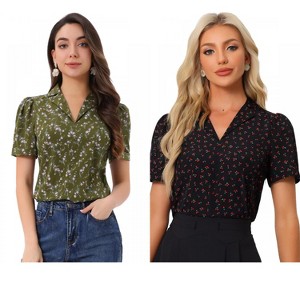 INSPIRE CHIC Women's Short Sleeve Casual V Neck Print Notch Lapel Collar Summer Blouses 2 Packs - 1 of 4