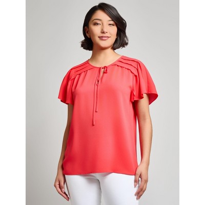 Jones New York Petite Pleated Shoulder Flutter Sleeve Blouse