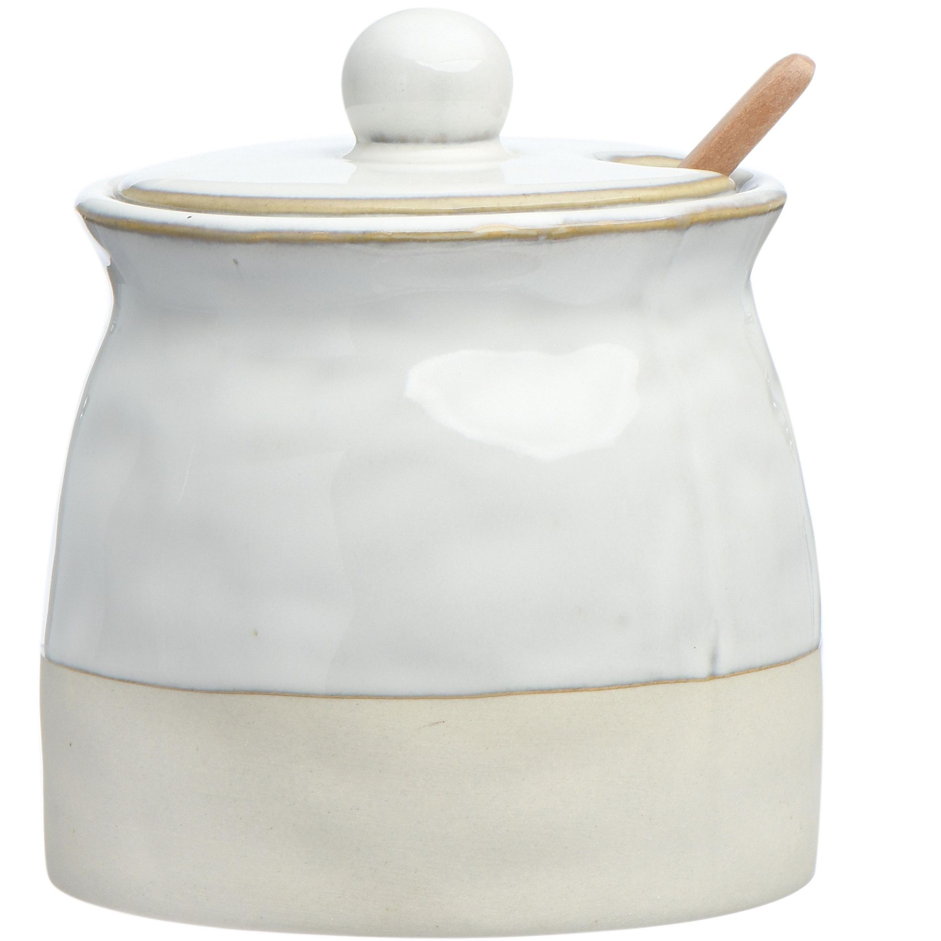Storied Home Stoneware Sugar Pot with Lid and Wood Spoon, White Glaze