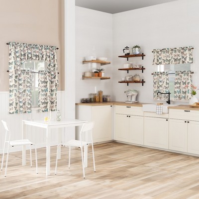 Blue Butterfly Print Sheer Polyester Kitchen Curtain Swag Pair