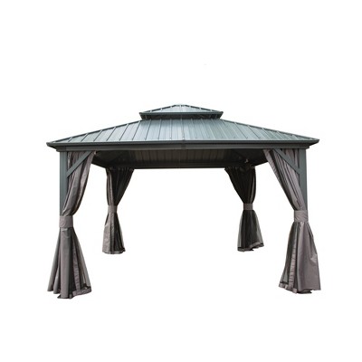 DOMETOUR 12' x 12' Aluminum Hardtop Gazebo with Steel Double Roof, Curtains & Netting for Patio, Backyard, Deck, Lawn