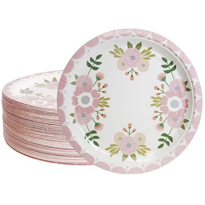 Blue Panda 80-Pack Flower Floral Pink Disposable Paper Plates 9" Party Supplies