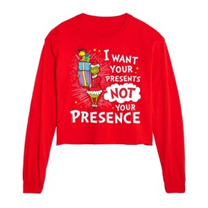 Dr. Seuss The Grinch Christmas Want Presents Not Presence Cropped Long Sleeve T-Shirt - Red - Medium - 1 of 2