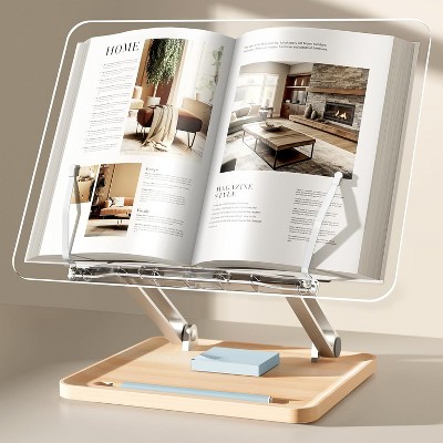 Adjustable Acrylic Book Stand for Reading, Holder with Pen Slot, Foldable Desktop Riser for Laptop, Recipe, Clear