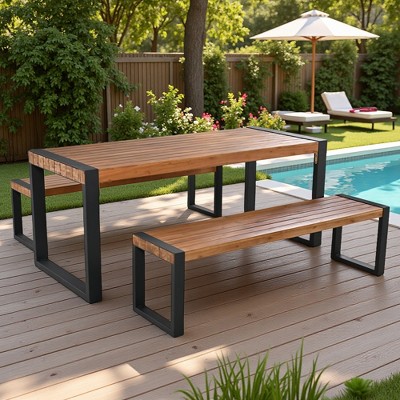3-Piece Outdoor Patio Picnic Dining Set with 2 Benches, Acacia Wood Top & Steel Frame