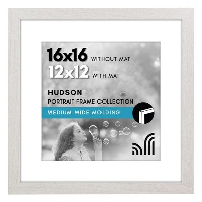 Americanflat 16x16 Picture Frame with Polished Plexiglass - Use as 12x12 with Mat or 16x16 Without Mat - Hudson - Wide Square Frames - White