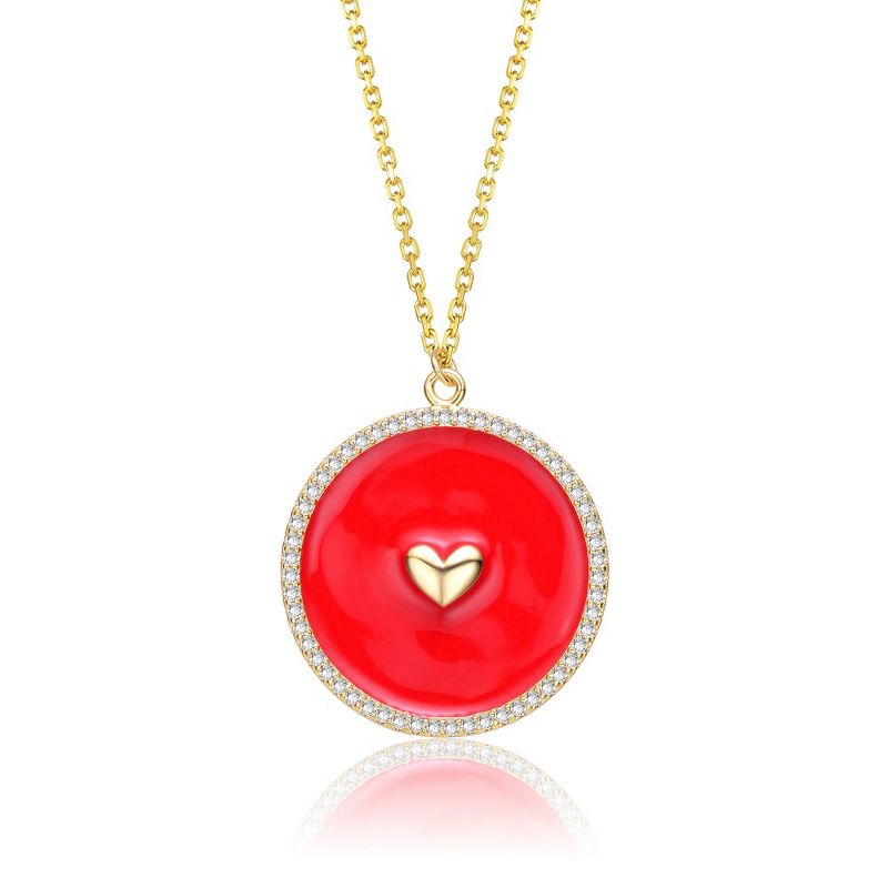 14k Yellow Gold Plated with clear Cubic Zirconia and Colored Enamel Round Pendant Necklace, 1 of 3
