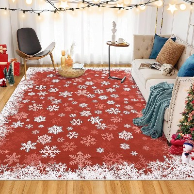 Christmas White Snow Printed Runner Rug, Washable Low Pile Non-Slip Soft Carpet for Bedroom Living Room