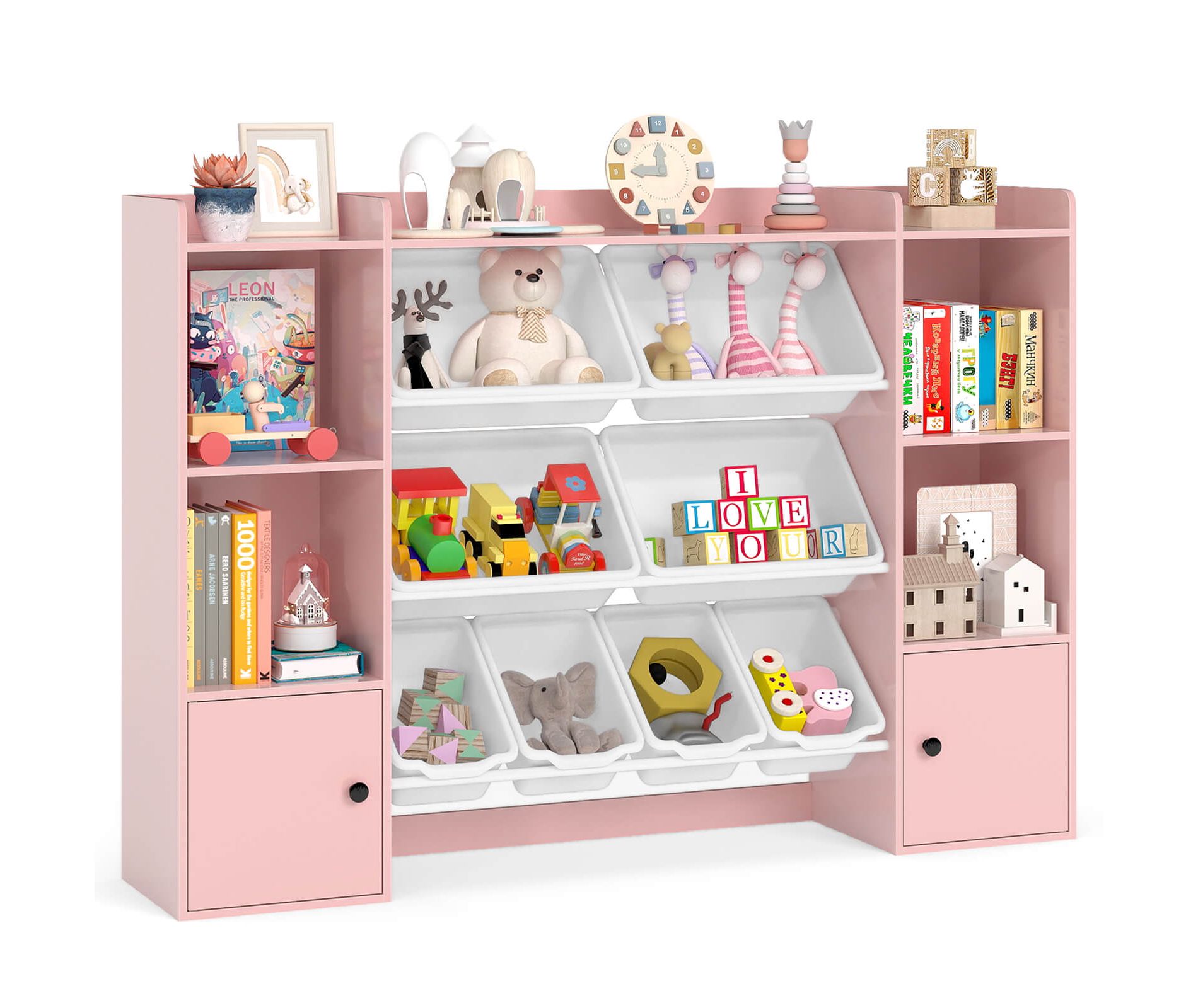 Costway Kids Toy Storage and Bookshelf with 8 Boxes Open Shelves & 2 Single-door Cabinets White/Gray/Beige/Pink