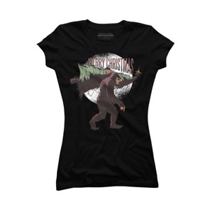 Junior's Design By Humans Christmas Bigfoot By ArtStyleAlice T-Shirt - 1 of 3