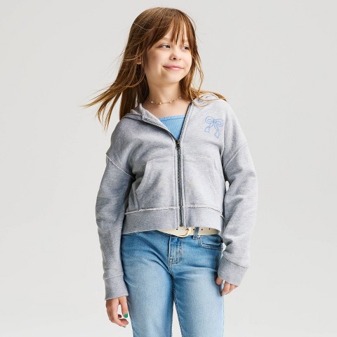 Cat & Jack Girls' French Terry 'Bow' Graphic Hoodie Zip-Up Sweatshirt - Cat & Jack™ Heather Gray M