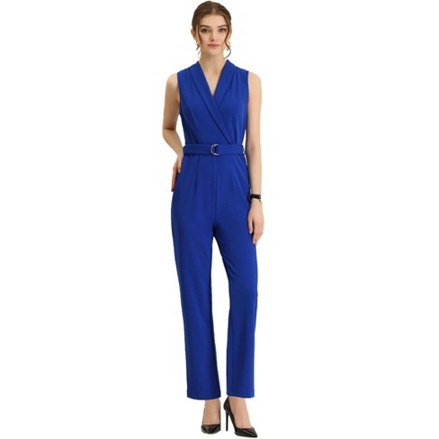 Allegra K Women s Casual Sleeveless Shawl Collar Office Belted Cropped Jumpsuit Royal Blue Medium