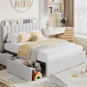 Acekool Lambswool Upholstered Bed Frame with Storage Headboard & 2 Drawers - 1 of 4