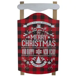 Northlight 24” Red and Black Buffalo Plaid Merry Christmas Sled Wooden Hanging Wall Sign