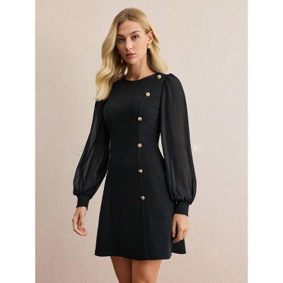 Womens Elegant Round Neck Lace Slim Long Sleeve Dress Fake Button Down Cocktail Pary Midi Dress