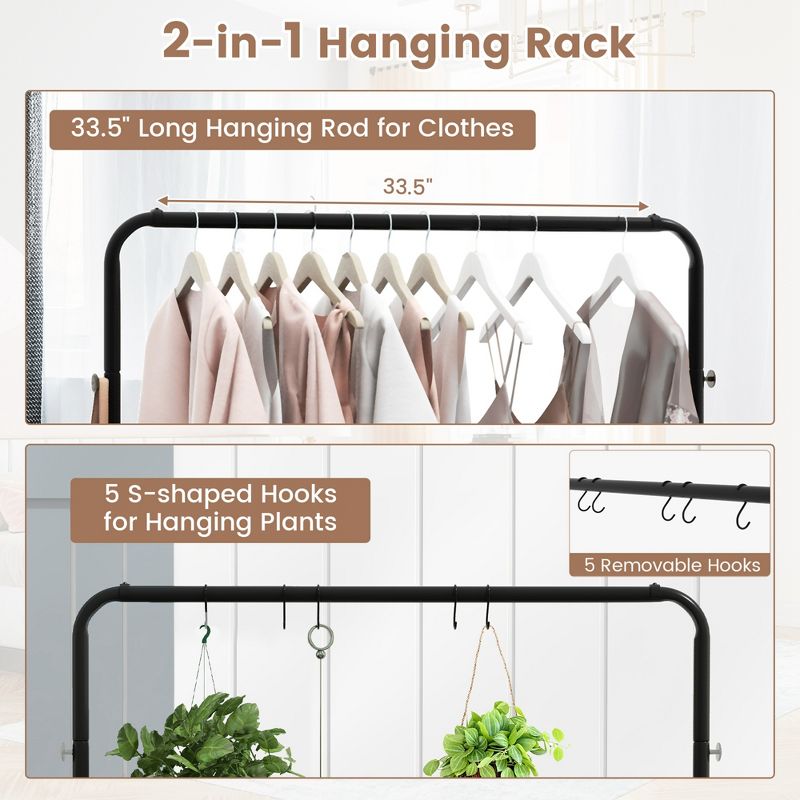 Costway Industrial Pipe Rolling Garment Rack Heavy Duty Clothing Rack with Hooks & Shelf, 5 of 11