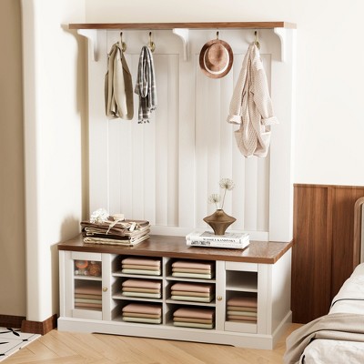 Luck Live Wardrobe shelf, portable hall storage coat rack with a long bench, equipped with 4 hooks for hanging coats, off-white in color