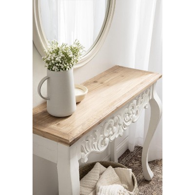 Antonella Rustic Brown and White Carved Wood Console Table