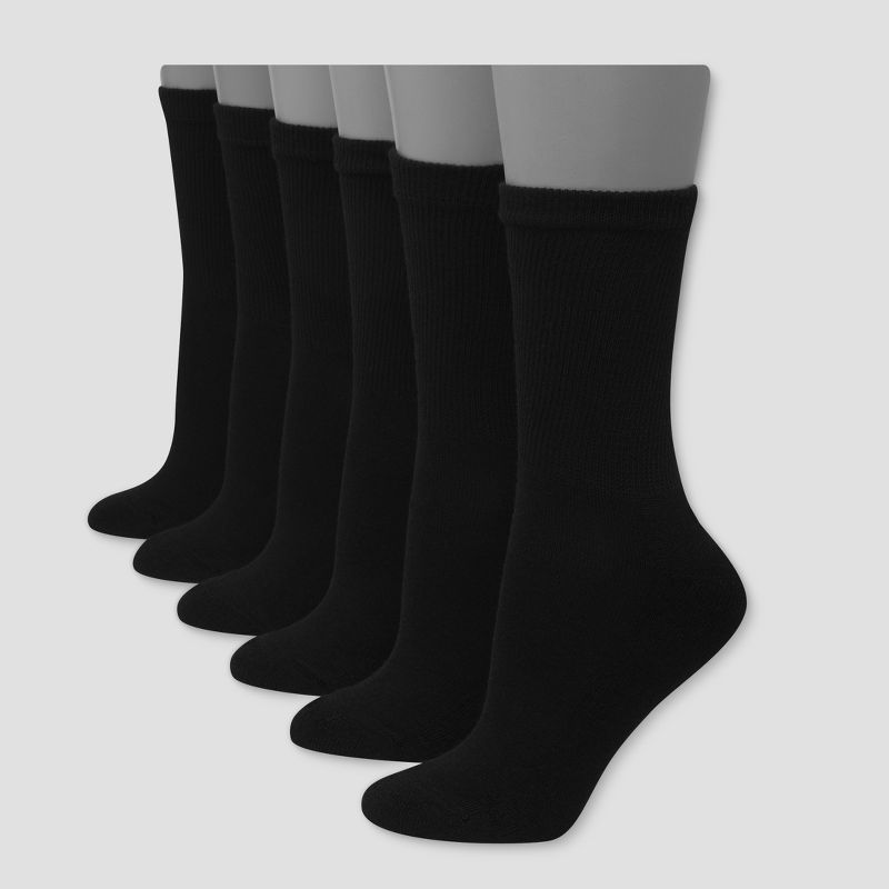 Hanes Premium 6 Pack Women&#39;s Cushioned Crew Socks - Black 5-9, 1 of 4