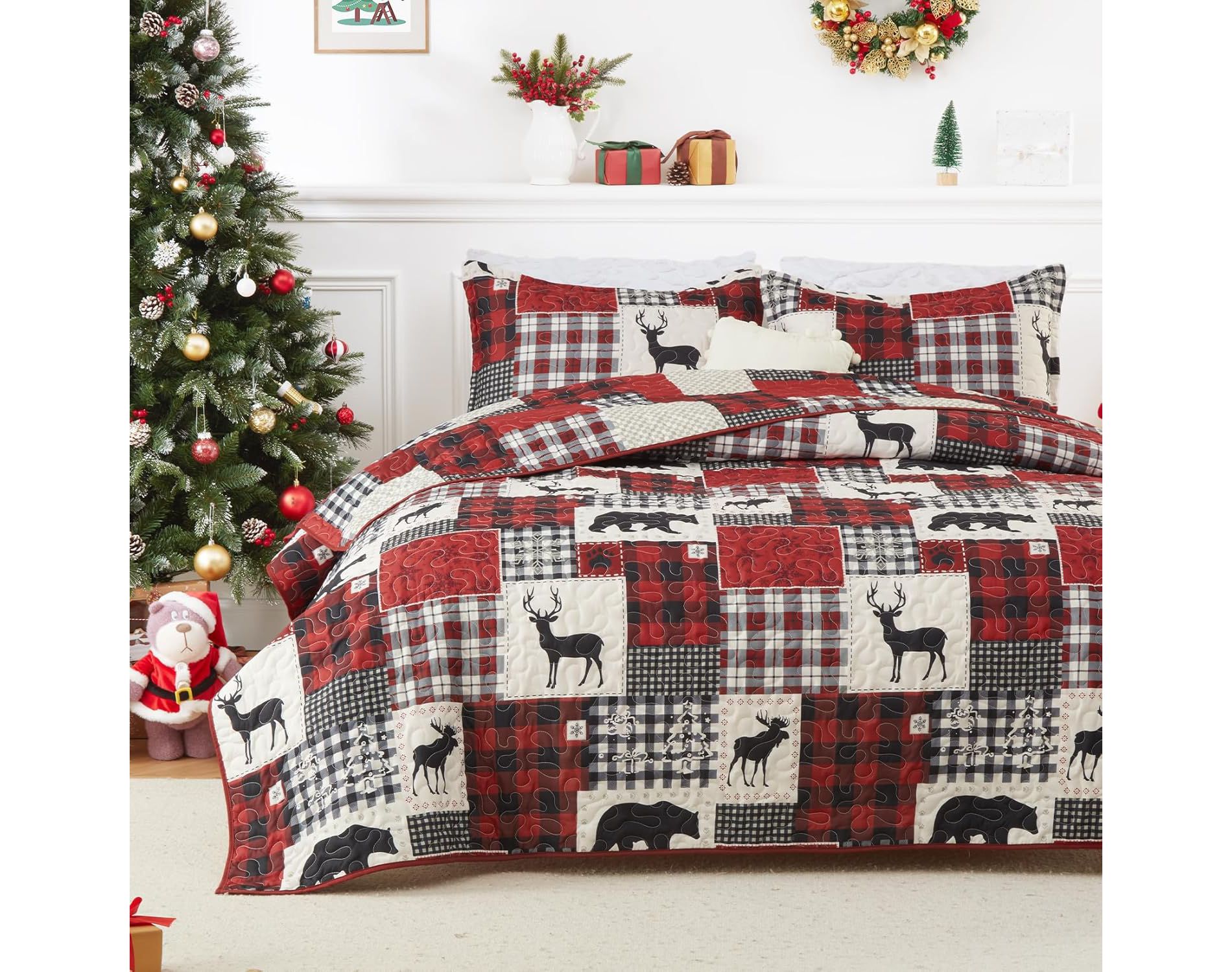 Christmas Quilt Set, Reversible Printed 3 Pieces Quilts Coverlet Bed Set Holiday Decorative Bedding, Soft Microfiber Fabric