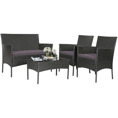 Tangkula 4PCS Rattan Furniture Set Cushioned Sofa Coffee Table Backyard Porch Patio Grey