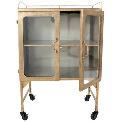 Antique Brass Metal Bathroom Cabinet with Glass Doors and Locking Wheels