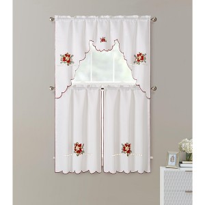 Kate Aurora Holiday Collection Rod Pocket Embroidered Poinsettia Christmas 3 Pc Cafe Kitchen Curtain Tier & Valance Set - 1 of 1