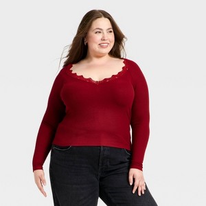 Women's Long Sleeve V-Neck Lace Trim T-Shirt - Universal Thread™ - 1 of 3