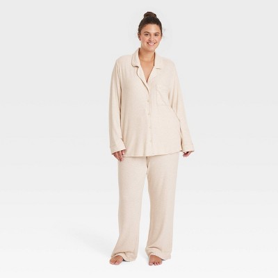 Image of Women's Cozy Ribbed Long Sleeve Notch Collar Shirt and Pants Pajama Set - Auden™ Oatmeal 2X