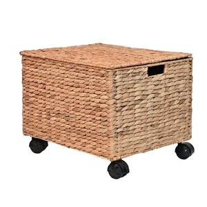 happimess Ashton Classic Farmhouse Handwoven Hyacinth Rolling Filing Basket with Lid and 360 Degree Lockable Wheels - 1 of 4