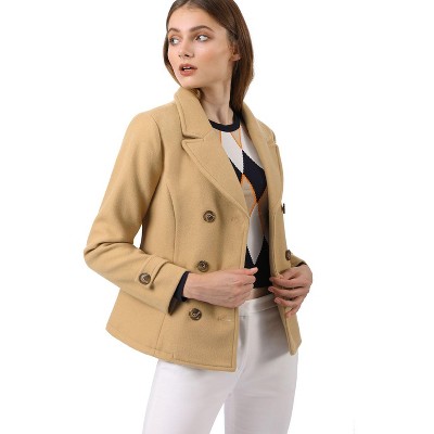 Allegra K Women's Notched Lapel Double Breasted Pea Coat Khaki X-Large