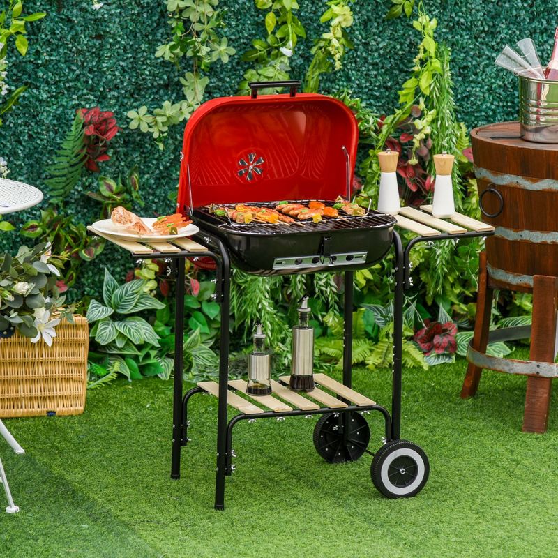 Outsunny Steel Charocal Grill with Portable Wheel, Shelf for Outdoor BBQ for Garden, Backyard, Poolside, 3 of 8