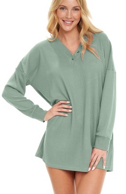 ADR Women's Pajamas Set, Soft Ribbed Knit Waffle Oversized Sleep Shirt, V-neck Nightshirt Sweater Top