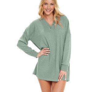 ADR Women's Pajamas Set, Soft Ribbed Knit Waffle Oversized Sleep Shirt, V-neck Nightshirt Sweater Top - 1 of 4