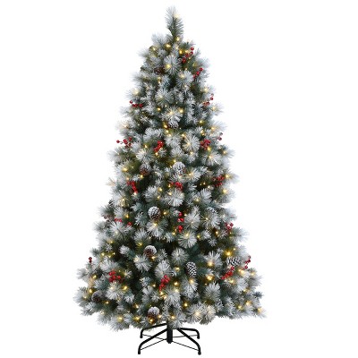 7.5' Prelit Flocked Hinged Glacier Pine Artificial Christmas Tree with Cones & Berries Dual Color Twinkle Lights - National Tree Company