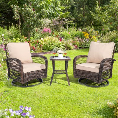 KTMBDW 3 Pieces Rocking Bistro Set Conversation Chairs PE Wicker Outdoor Rocking Chairs & Glass Table,for Porch Lawn Garden Backyard Deck, Brown