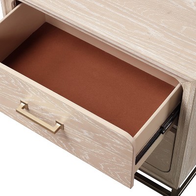 Oak and Metal 2-Drawer Nightstand with Brass Handles