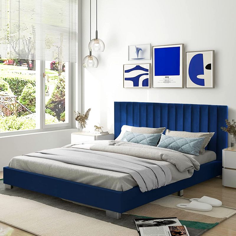 Costway Upholstered Bed Frame Full Size Modern Platform Bed with Vertical Channel Headboard No Box Spring Needed Navy/Grey, 4 of 11