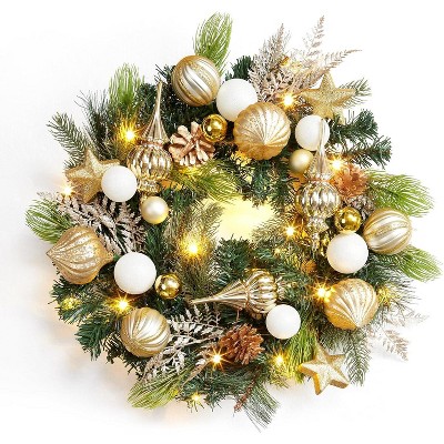 24" Pre-Lit Christmas Wreath for Front Door, Large Artificial Wreath with Christmas Balls, Xmas Wreath for Window Indoor Outside Home Decor, Gold