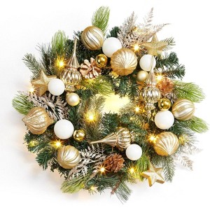 24" Pre-Lit Christmas Wreath for Front Door, Large Artificial Wreath with Christmas Balls, Xmas Wreath for Window Indoor Outside Home Decor, Gold - 1 of 4