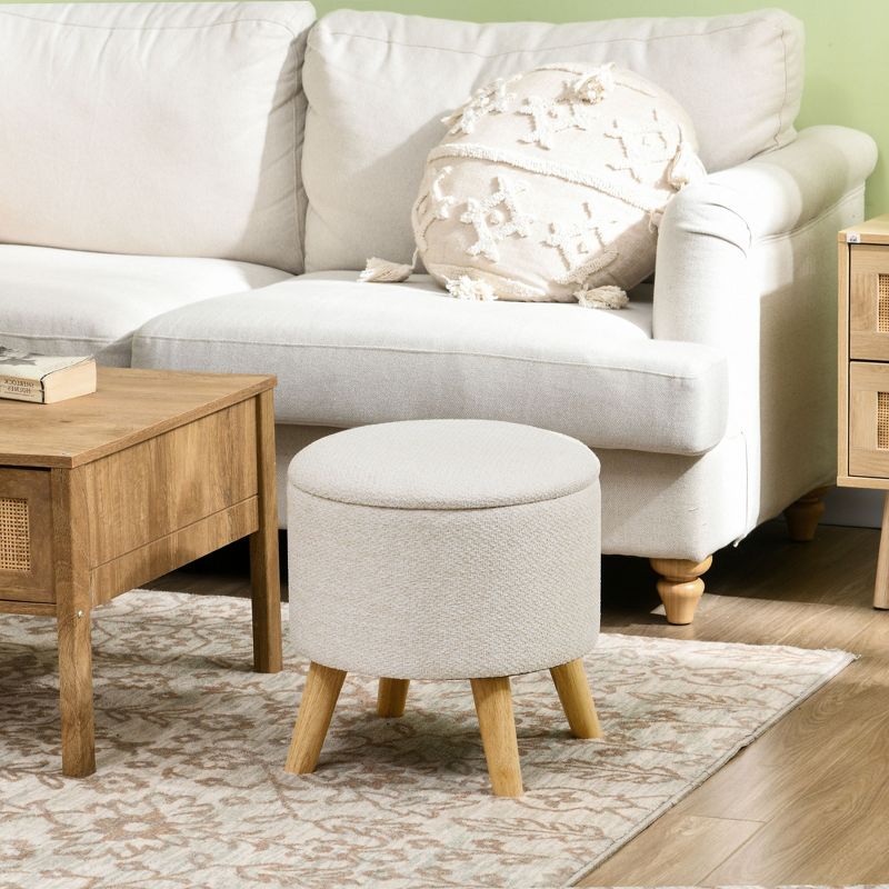 HOMCOM Storage Ottoman, Round Footstool with Linen Feel Fabric Upholstery, Removable Top, Hidden Space and Wood Legs for Living Room, 2 of 7