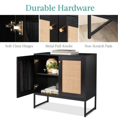 Black and Rattan 2-Door Storage Cabinet with Elevated Legs