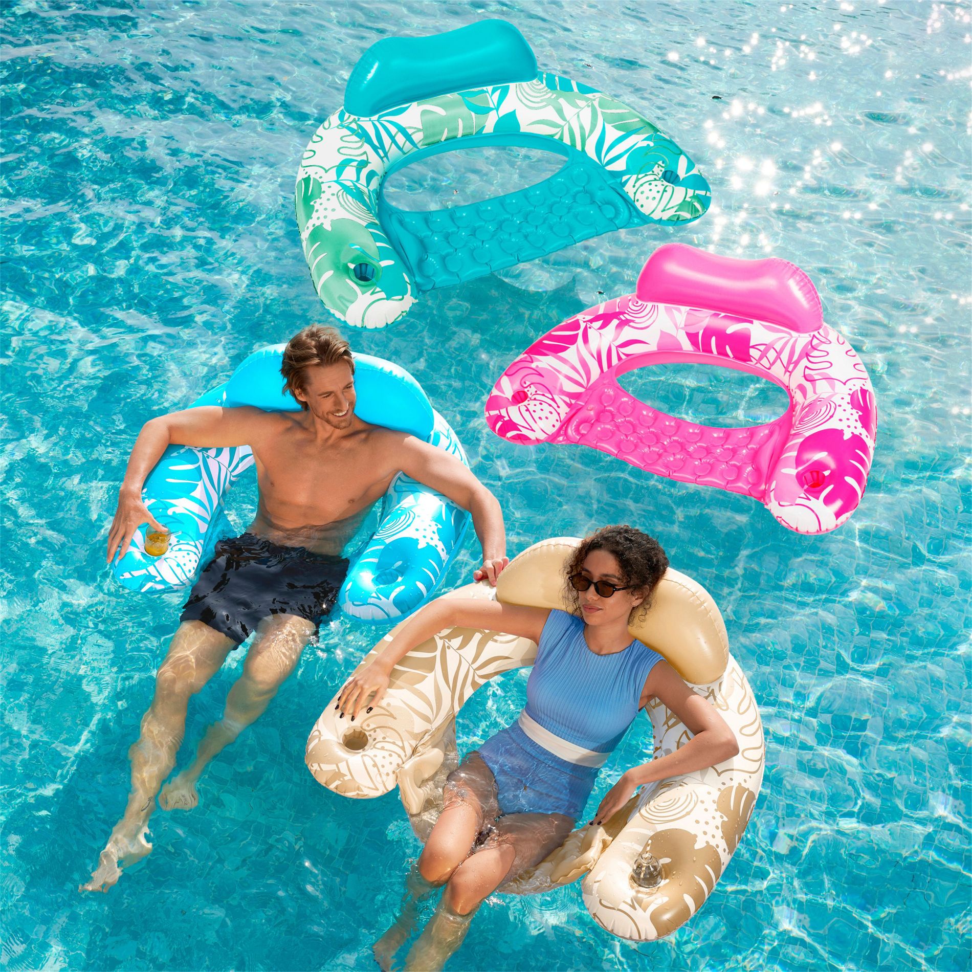 Joyfy 4 Packs Inflatable Pool Floats Chair, Pool Lounge Chairs with Cup Holders, Hammock Noodle Mat for Adult Summer Water Fun Swimming Party Beach