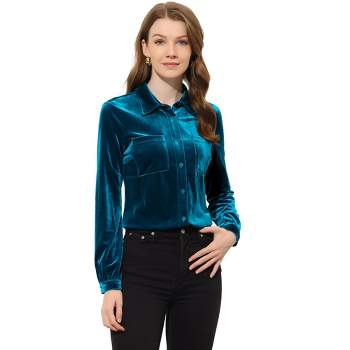 Allegra K Women's Pocket Front Velvet Blouse Long Sleeve Casual Button Down Shirt