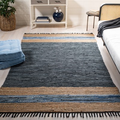 Handmade Blue and Natural Cotton Cowhide Striped 8' x 10' Area Rug
