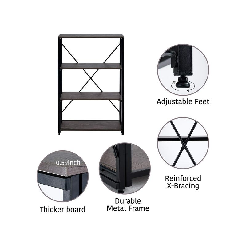 Year Color Modern Industrial Black And Antique Wood 4 Tier Large Folding Bookshelf Storage Organizer For Office, Bedroom And Living Room, 3 of 7