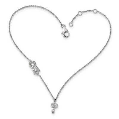 Black Bow Jewelry Rhodium Plated Sterling Silver CZ Lock And Key Cable Anklet, 9-10 Inch
