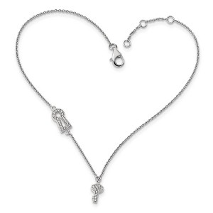 Black Bow Jewelry Rhodium Plated Sterling Silver CZ Lock And Key Cable Anklet, 9-10 Inch - 1 of 4